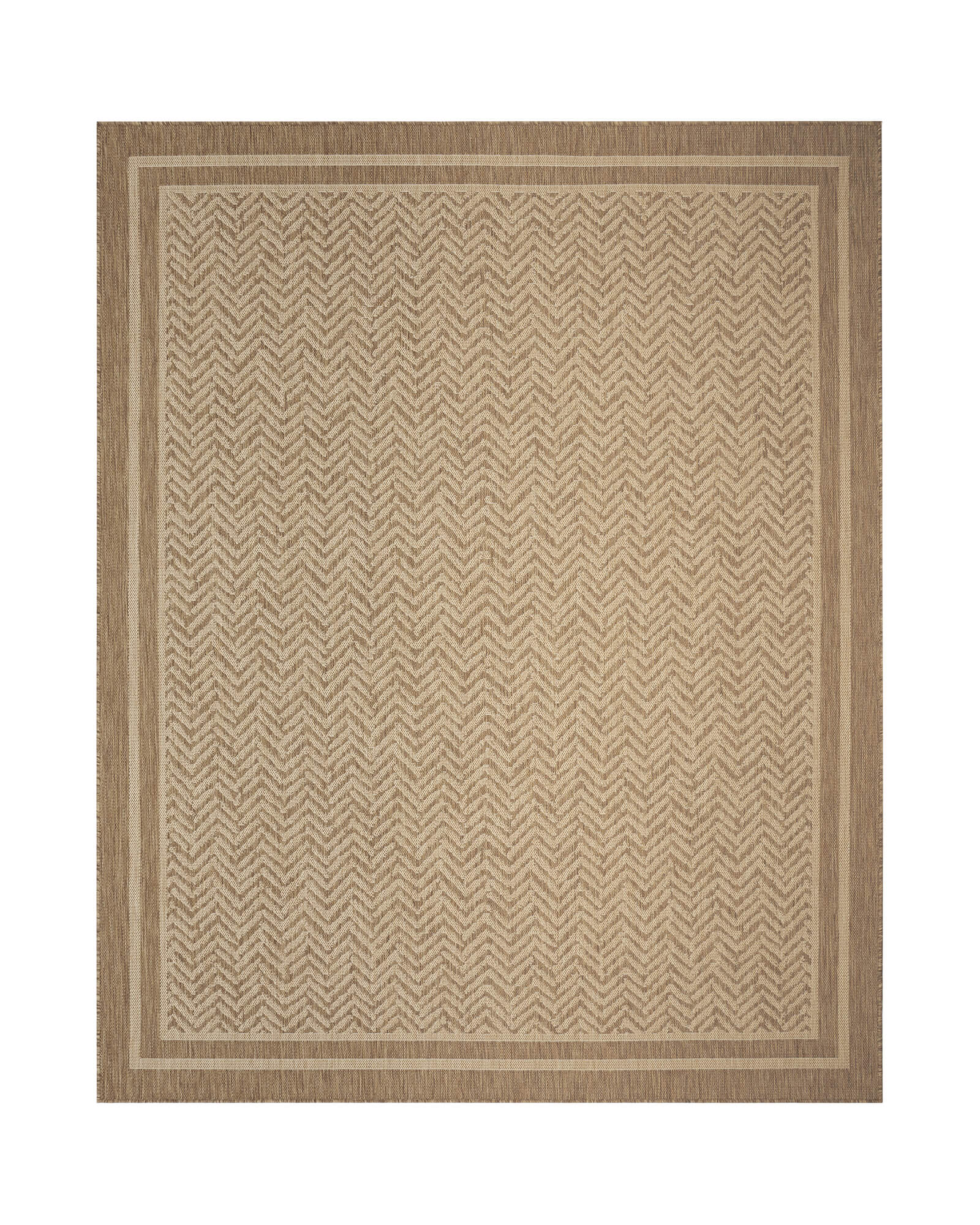 A natural chevron indoor outdoor rug features a durable woven texture and subtle border design, adding easy-care style to patios, porches, dining areas, living rooms, and high-traffic spaces.