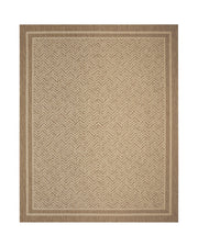 A natural chevron indoor outdoor rug features a durable woven texture and subtle border design, adding easy-care style to patios, porches, dining areas, living rooms, and high-traffic spaces.