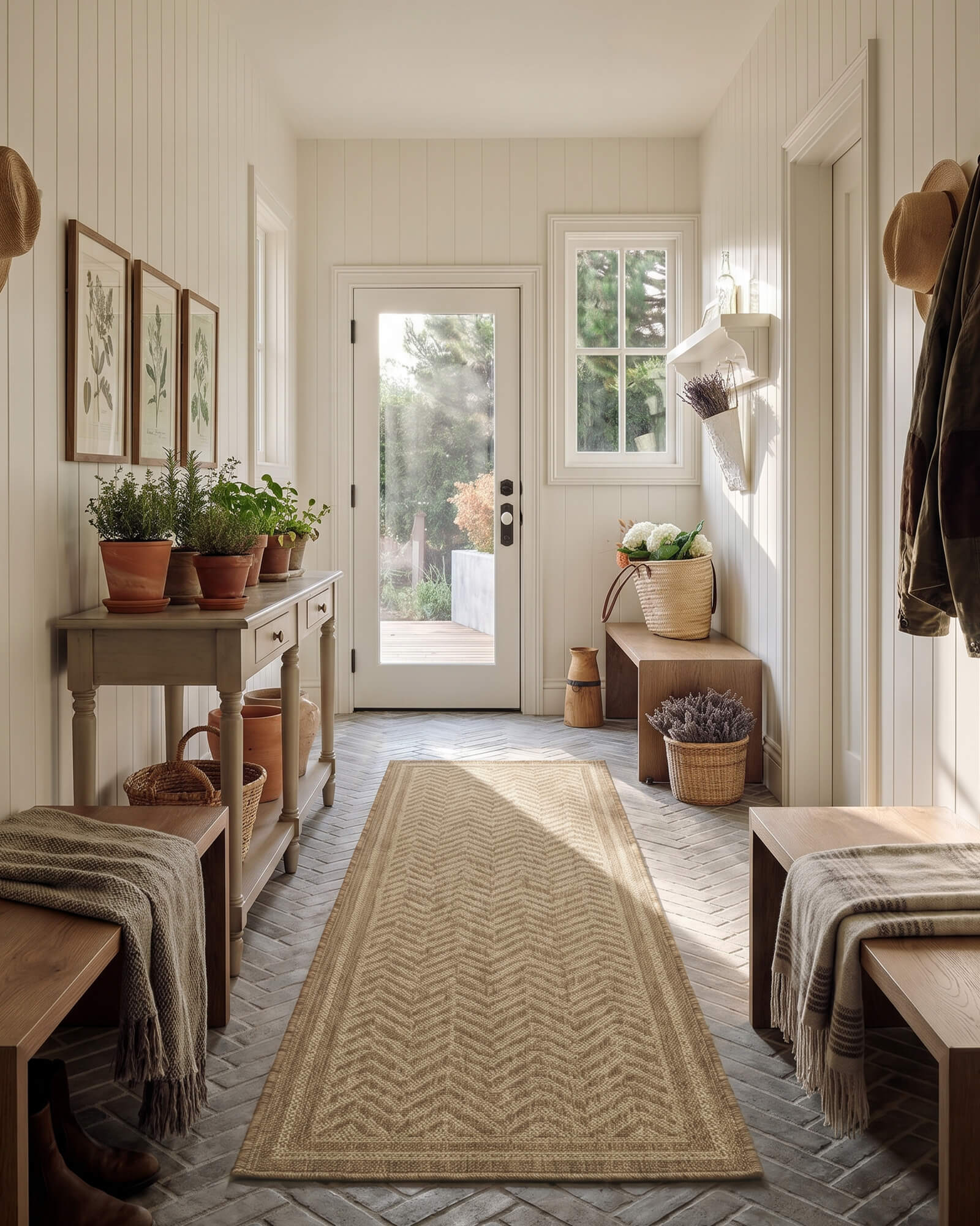 A natural chevron indoor outdoor runner rug adds durable woven texture and easy-care style to a bright entryway with wood benches, potted plants, and warm natural light.