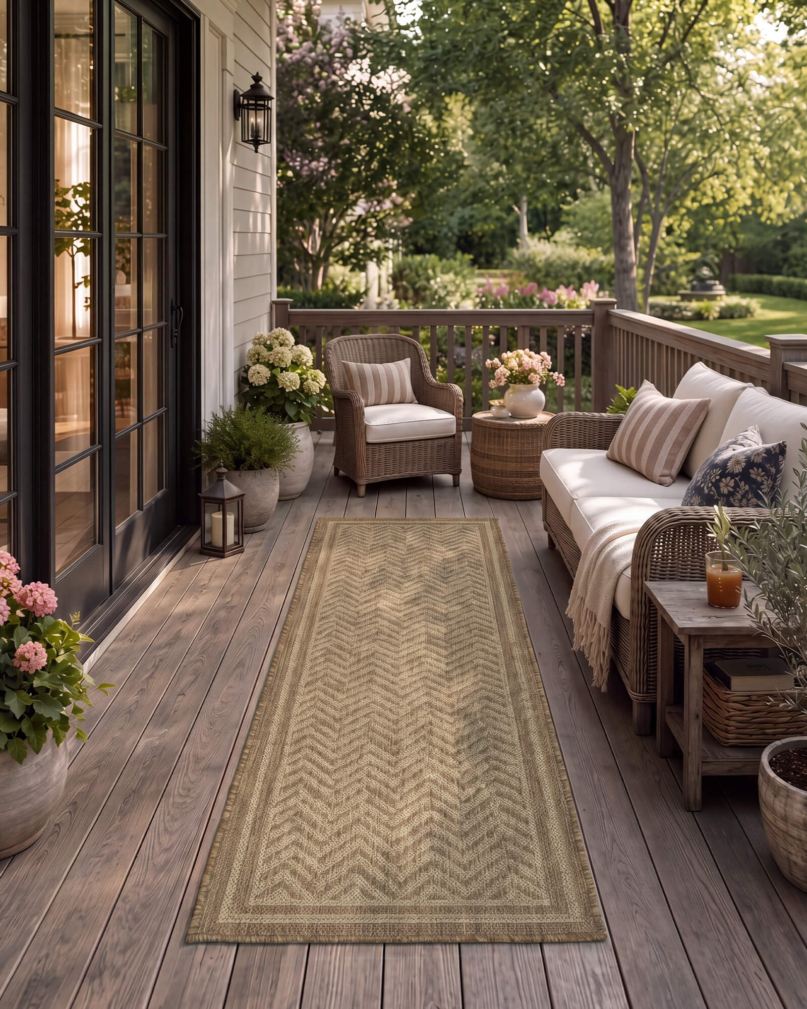 A natural chevron indoor outdoor runner rug adds durable woven texture and easy-care style to a covered porch with wicker seating, wood decking, garden greenery, and cozy outdoor decor.
