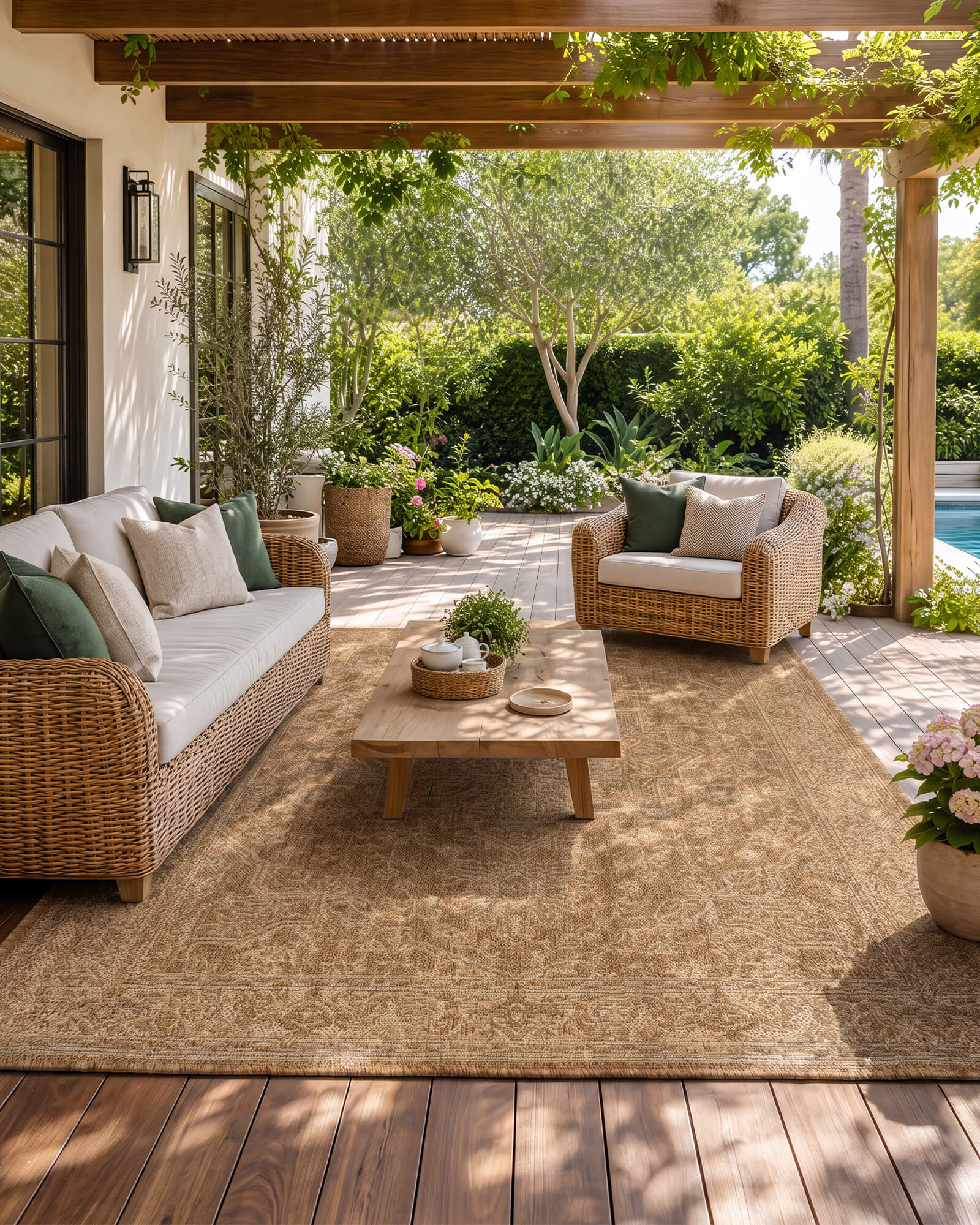 A natural woven indoor outdoor rug adds durable jute-look texture and easy-care style to a covered patio lounge with wicker seating, garden greenery, and warm outdoor living decor.