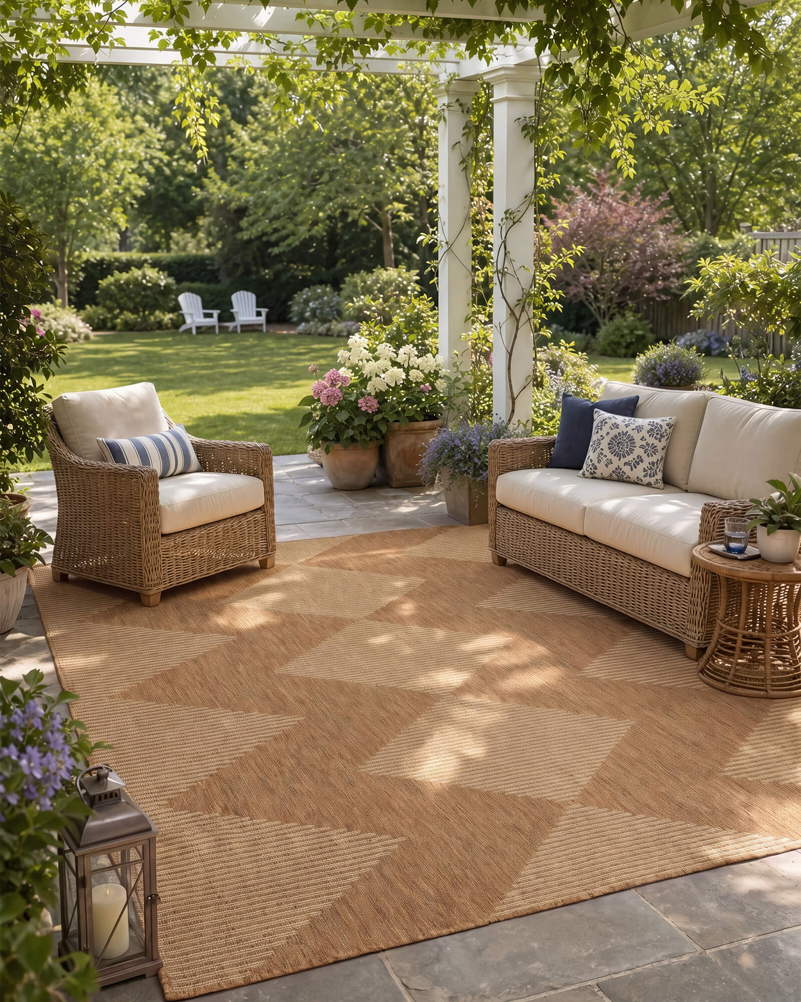 A natural woven indoor outdoor rug adds durable jute-look texture and easy-care style to a garden patio lounge with wicker seating, floral planters, and warm outdoor shade.