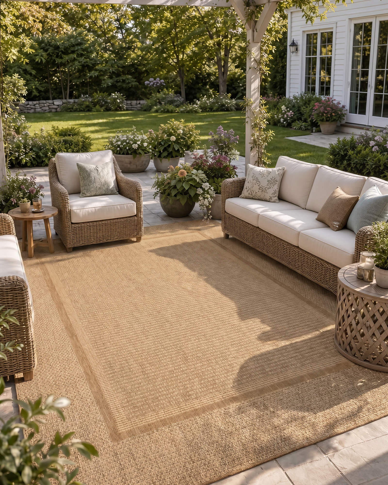 A natural woven indoor outdoor rug adds durable jute-look texture and easy-care style to a garden patio seating area with wicker furniture, floral planters, and warm outdoor shade.
