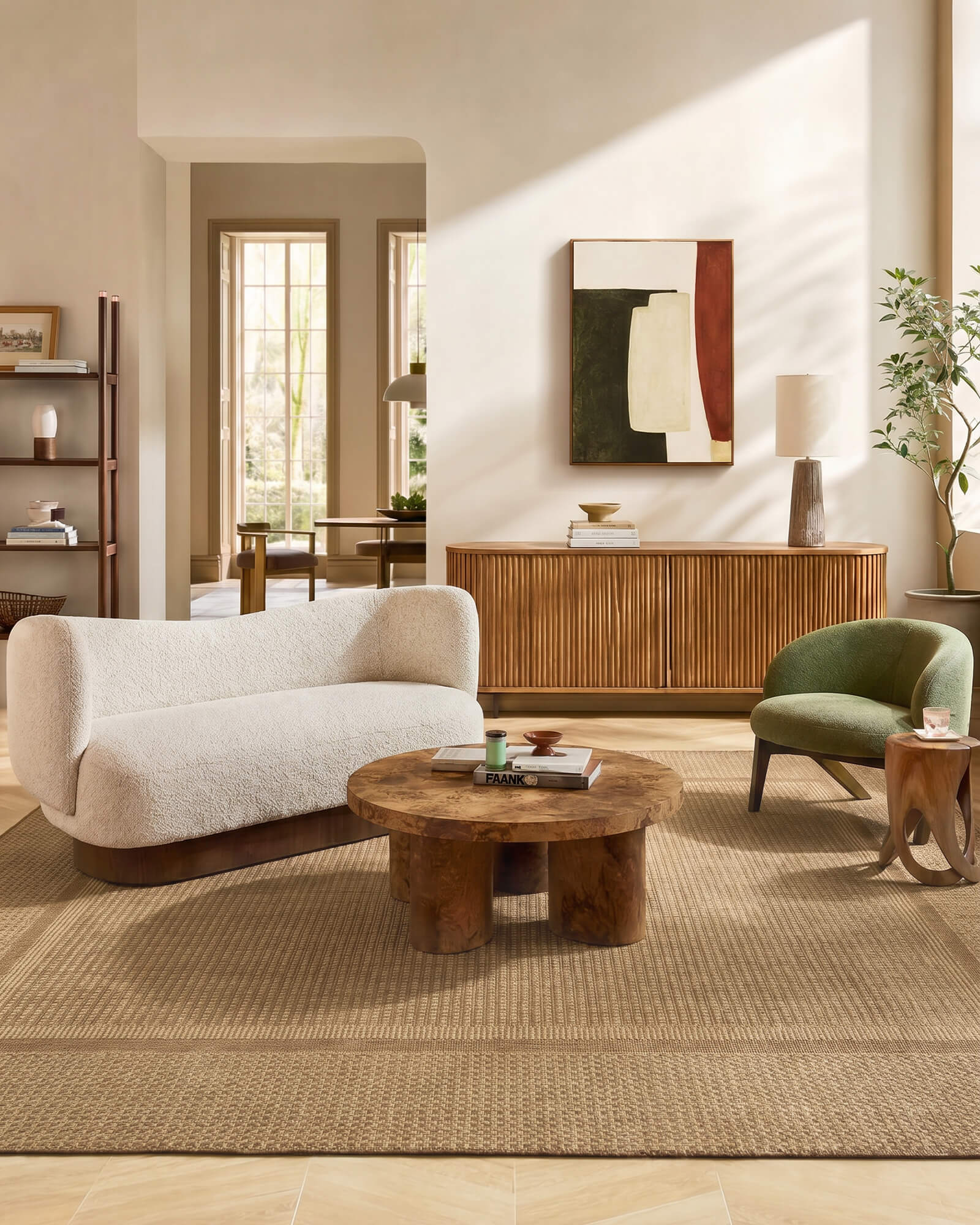 A natural woven indoor outdoor rug adds durable jute-look texture and warm easy-care style to a modern living room with wood furniture, neutral seating, and cozy natural decor.