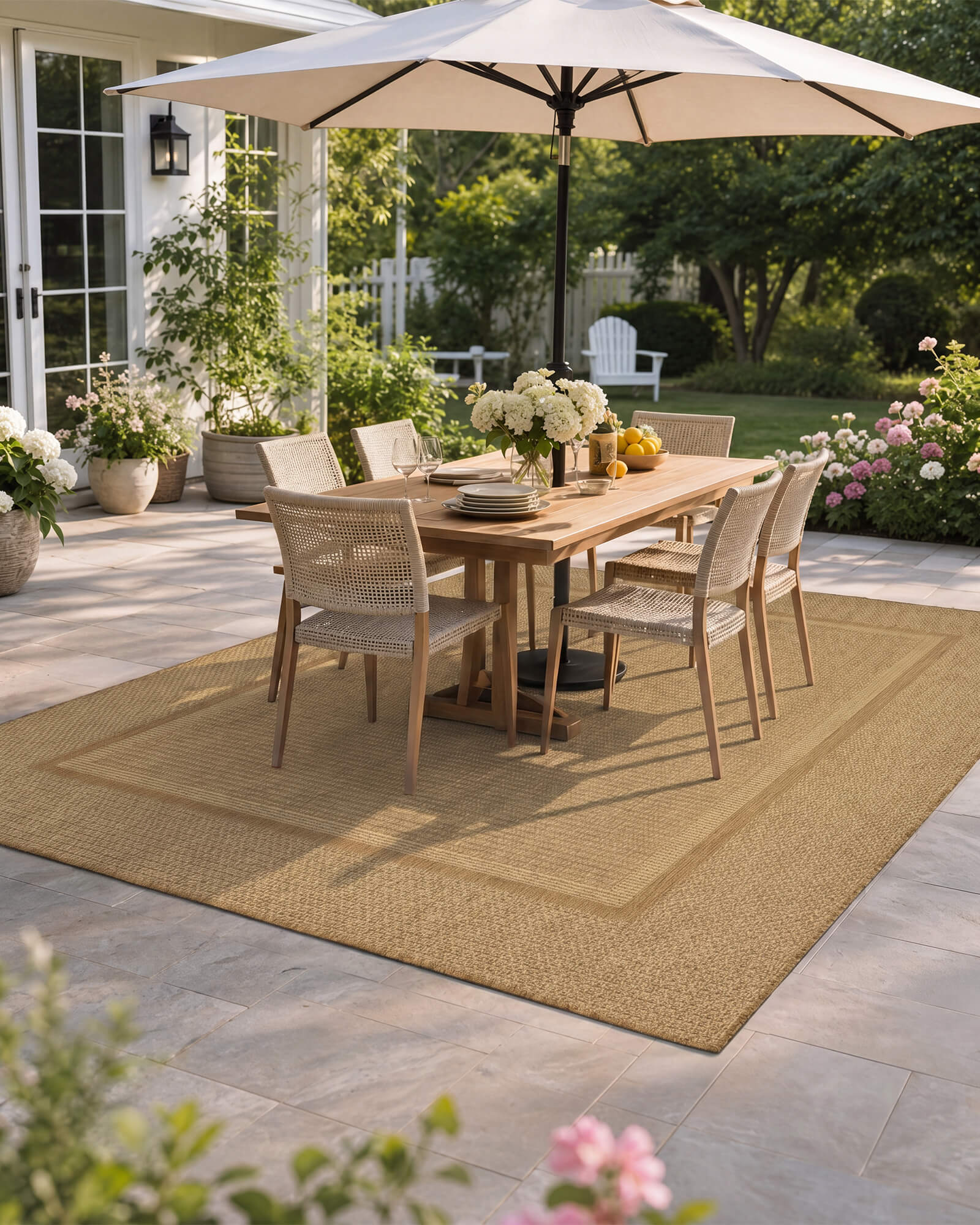 A natural woven indoor outdoor rug adds durable jute-look texture and easy-care style to a patio dining area with an umbrella table, wicker chairs, garden flowers, and warm outdoor entertaining space.