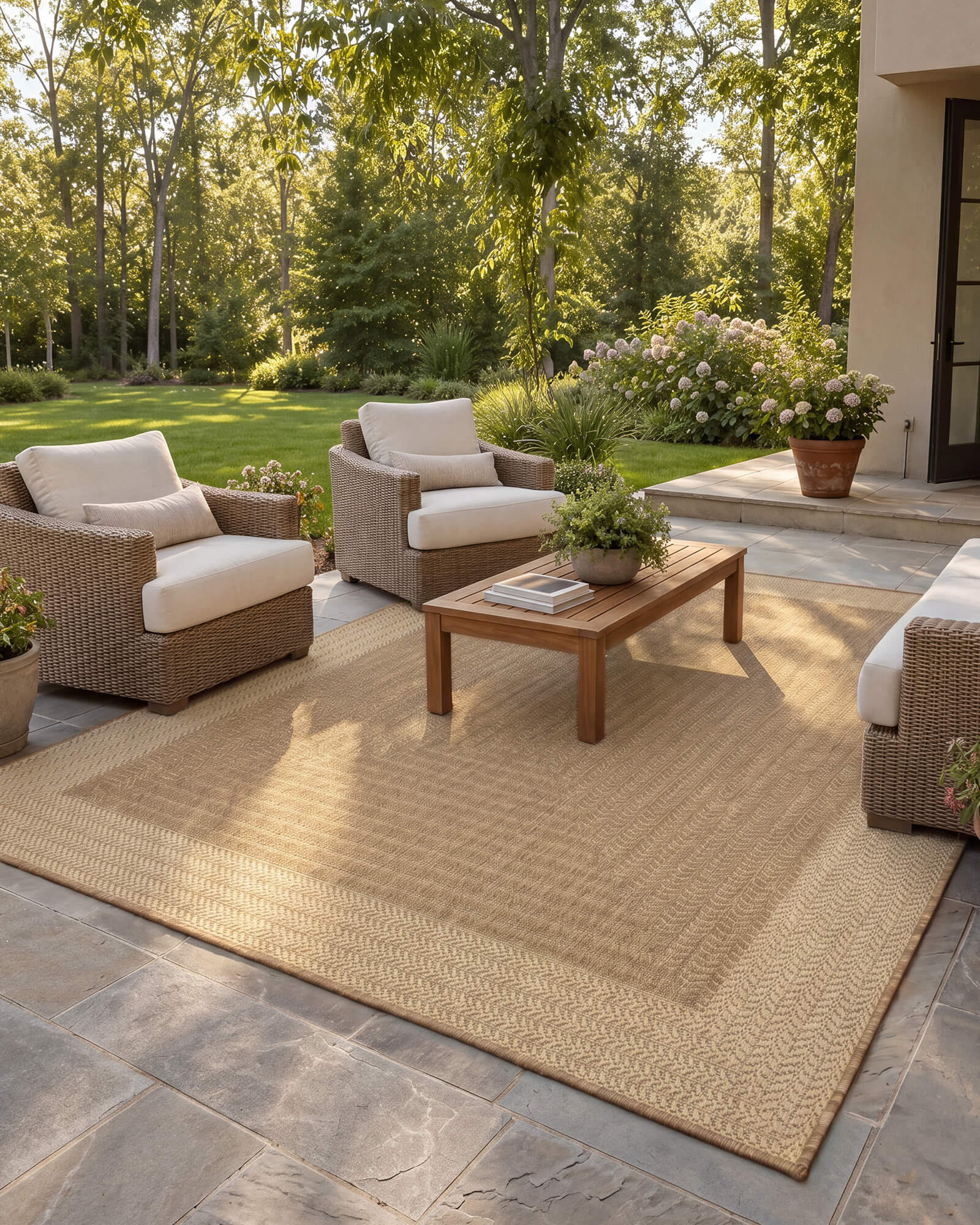 A natural woven indoor outdoor rug adds durable jute-look texture and easy-care style to a patio garden lounge with wicker chairs, outdoor seating, and warm natural light.