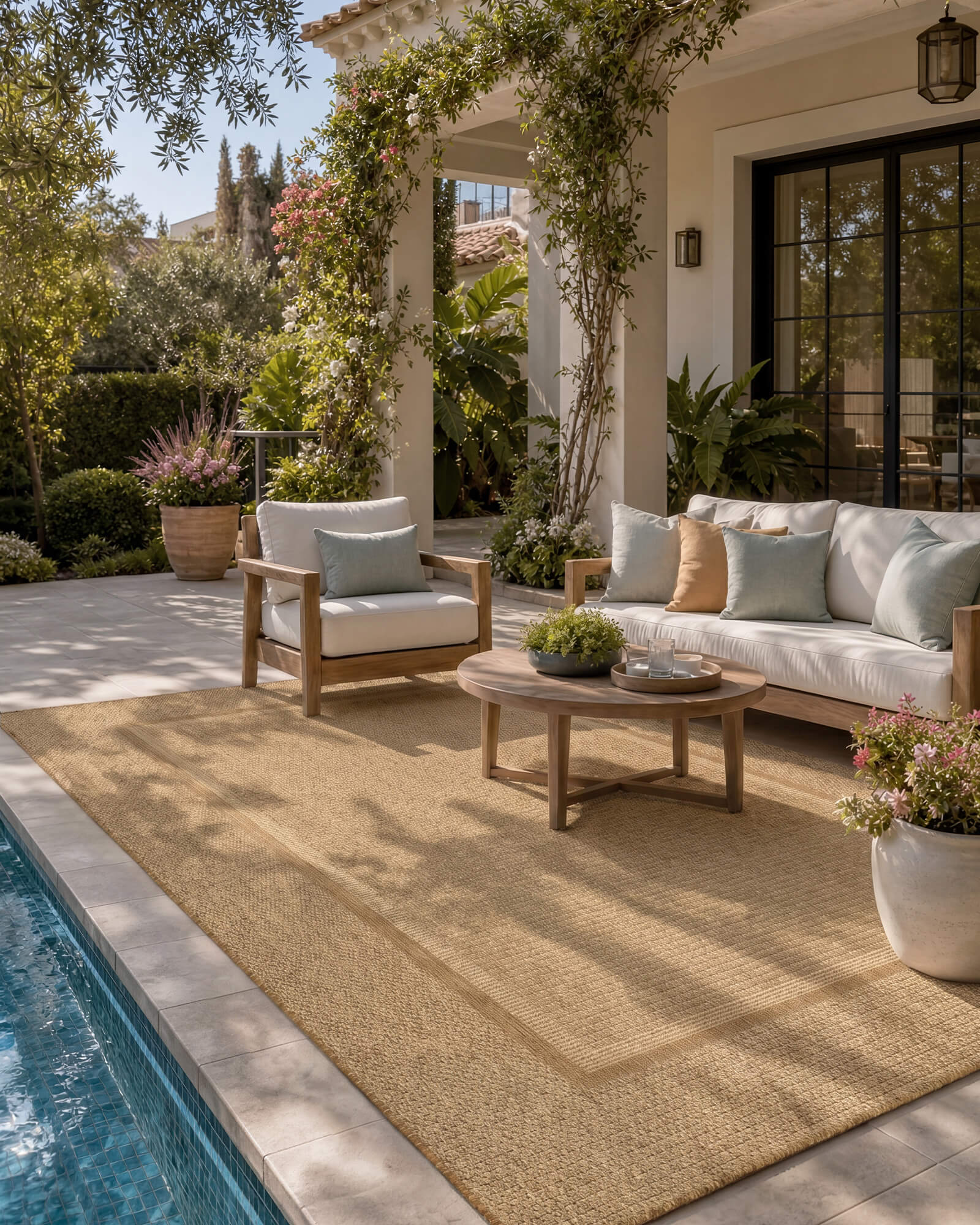 A natural woven indoor outdoor rug adds durable jute-look texture and easy-care style to a poolside patio lounge with outdoor seating, garden plants, and warm summer decor.