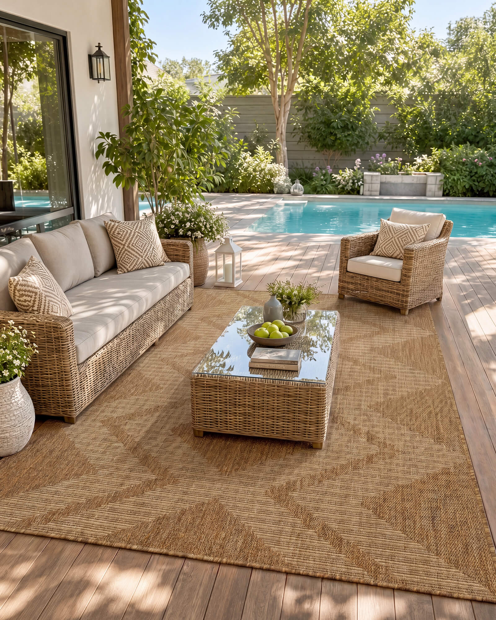 A natural woven indoor outdoor rug adds durable jute-look texture and easy-care style to a poolside patio seating area with wicker furniture, garden greenery, and warm summer outdoor decor.