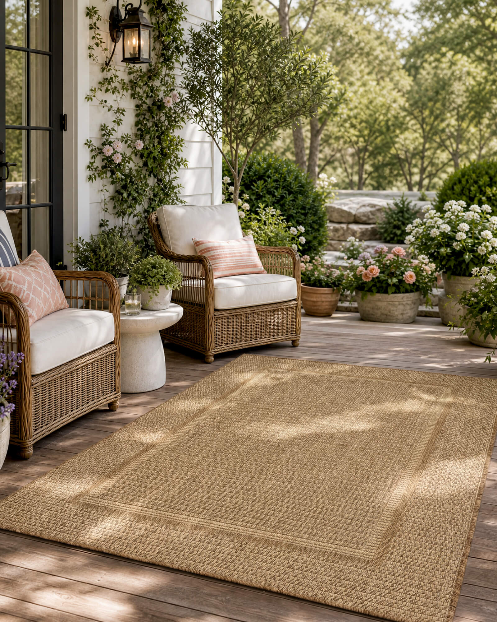 A natural woven indoor outdoor rug adds durable jute-look texture and easy-care style to a cozy porch seating area with wicker chairs, garden greenery, and warm outdoor decor.