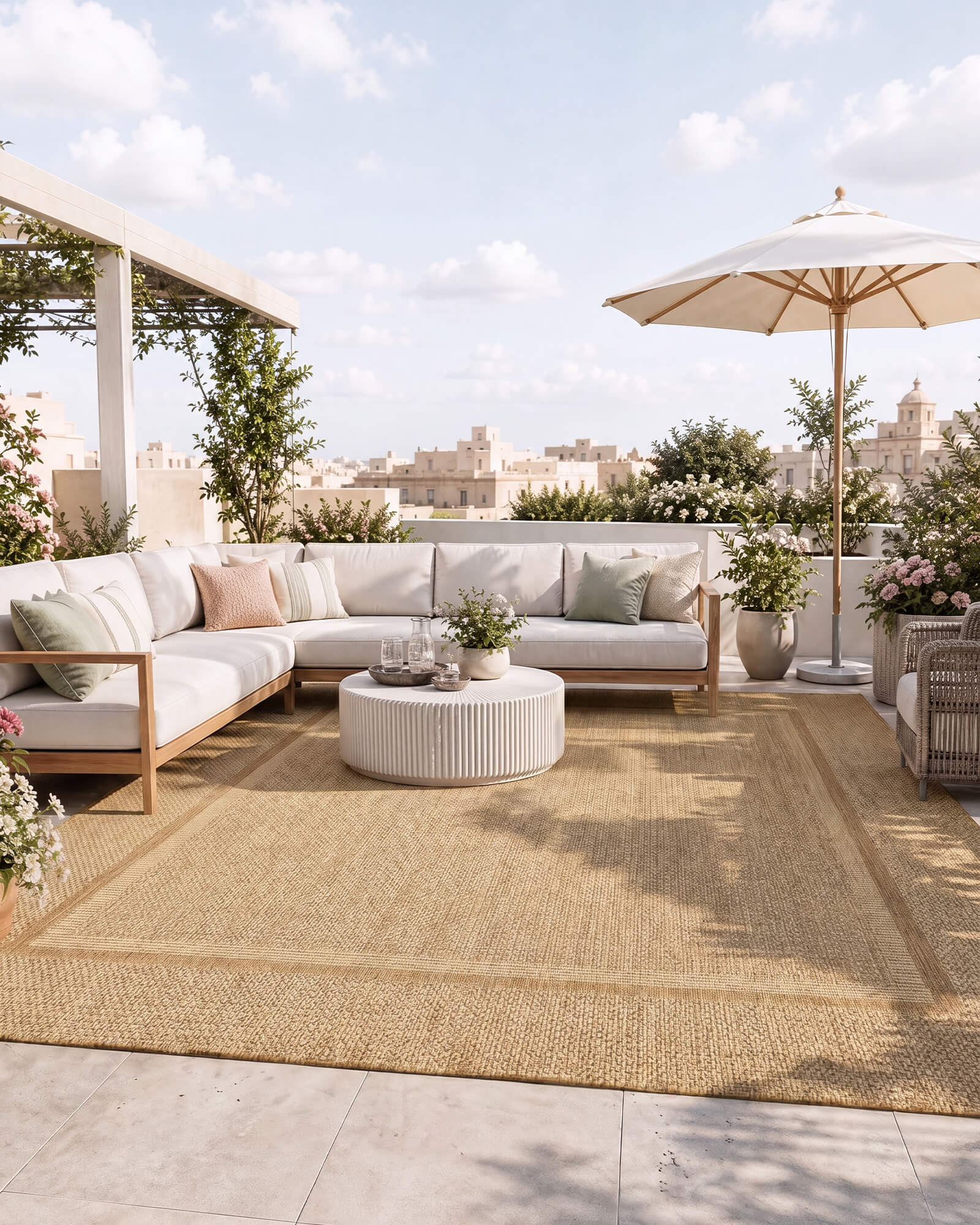 A natural woven indoor outdoor rug adds durable jute-look texture and easy-care style to a bright rooftop patio lounge with outdoor seating, umbrella shade, and summer decor.