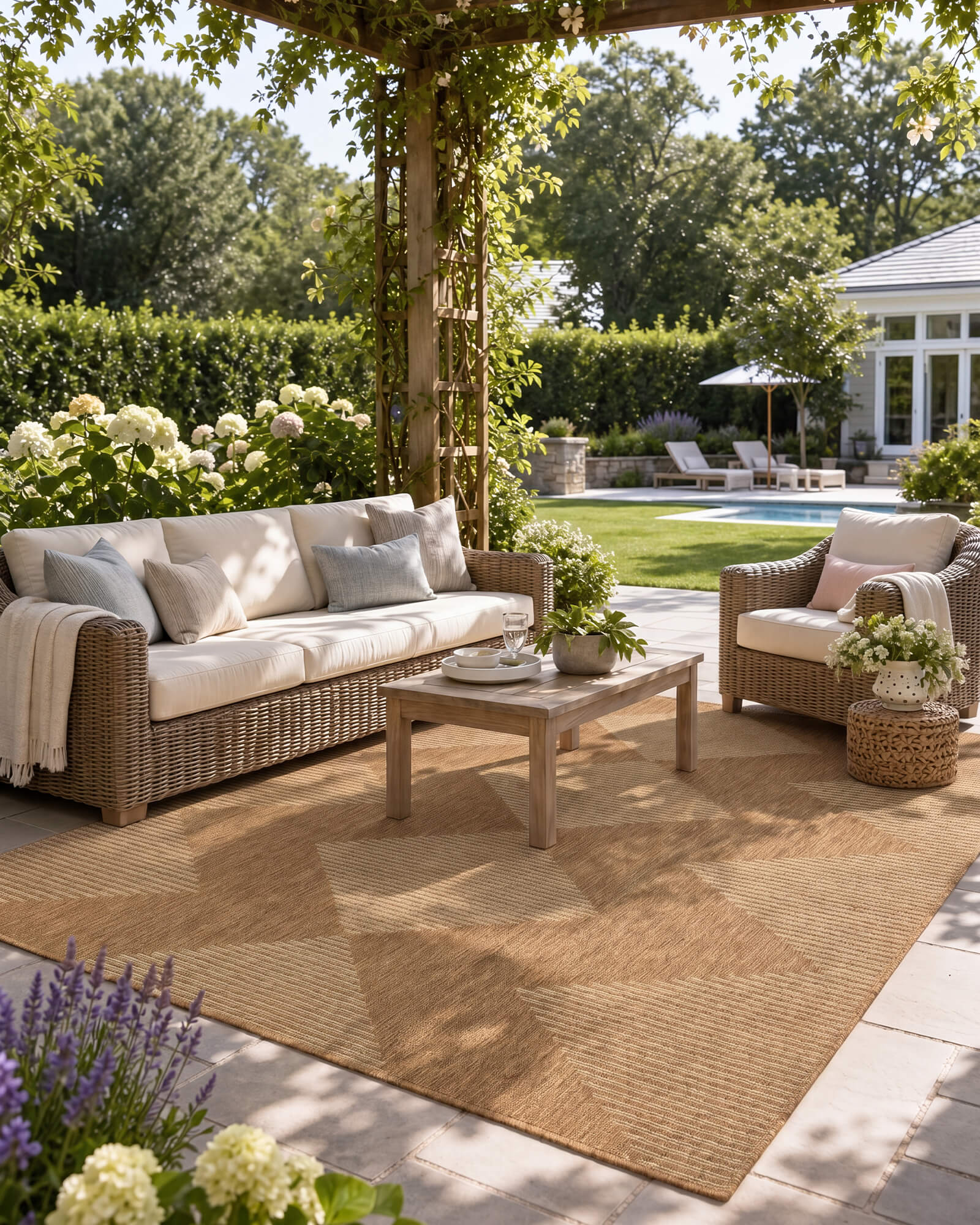 A natural woven indoor outdoor rug adds durable jute-look texture and easy-care style to a shaded garden patio with wicker seating, floral greenery, and warm outdoor living decor.