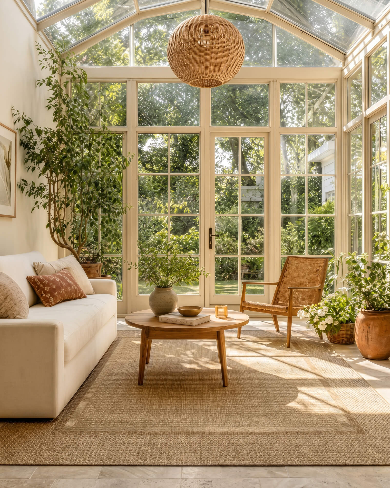 A natural woven indoor outdoor rug adds durable jute-look texture and warm easy-care style to a bright sunroom with rattan furniture, greenery, and cozy natural decor.