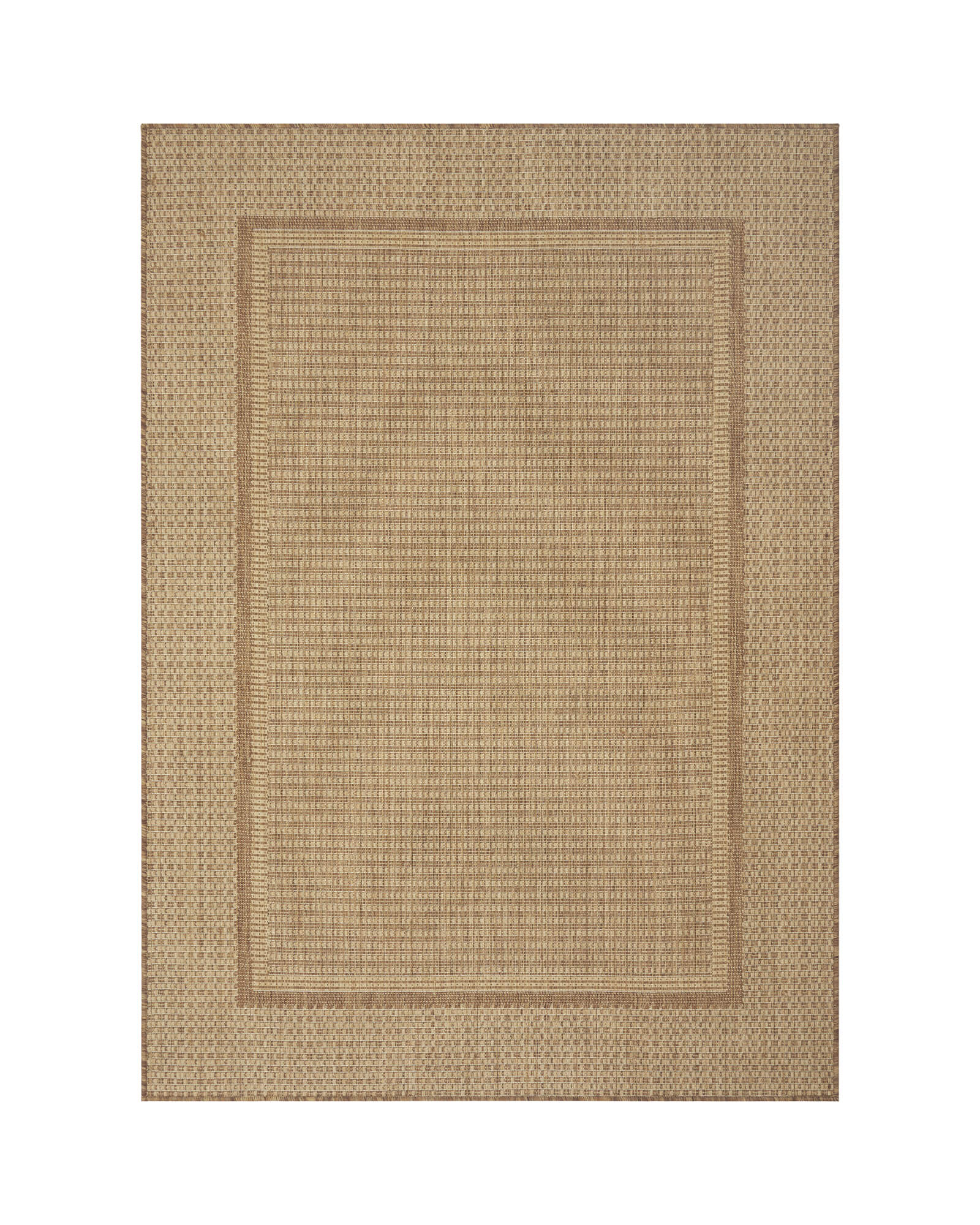 A natural woven indoor outdoor rug features a jute-look texture and subtle border design, adding durable easy-care style to patios, porches, sunrooms, dining areas, and everyday living spaces.