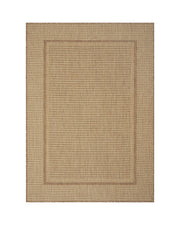A natural woven indoor outdoor rug features a jute-look texture and subtle border design, adding durable easy-care style to patios, porches, sunrooms, dining areas, and everyday living spaces.