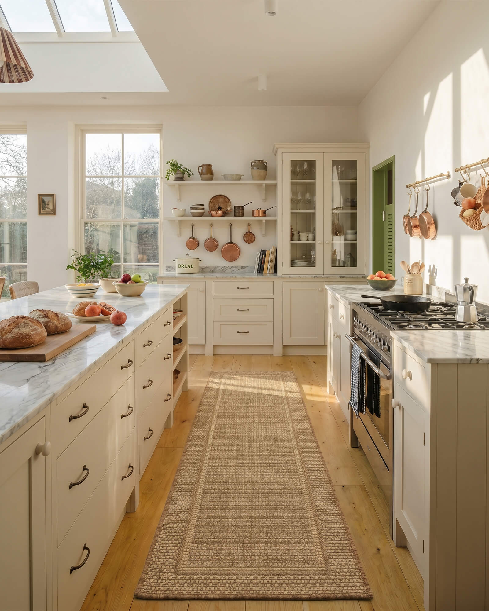 A natural woven indoor outdoor runner rug adds durable jute-look texture and easy-care style to a bright kitchen with wood floors, cream cabinets, and warm natural light.