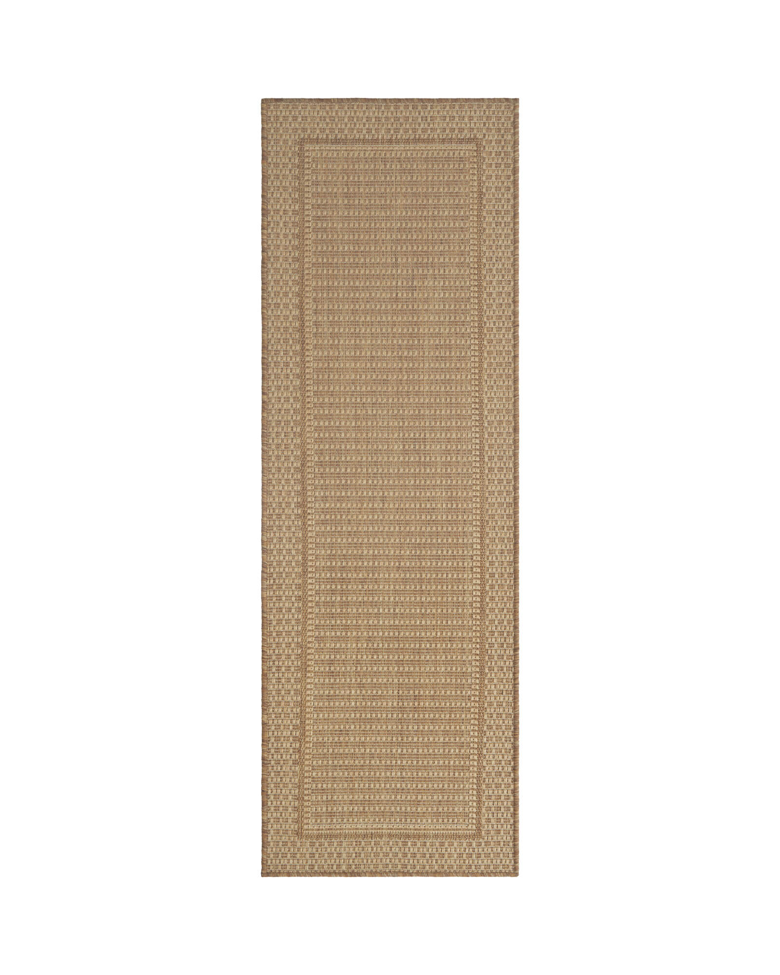 A natural woven indoor outdoor runner rug features a durable jute-look texture and subtle border design, adding easy-care style to kitchens, hallways, patios, porches, and high-traffic spaces.