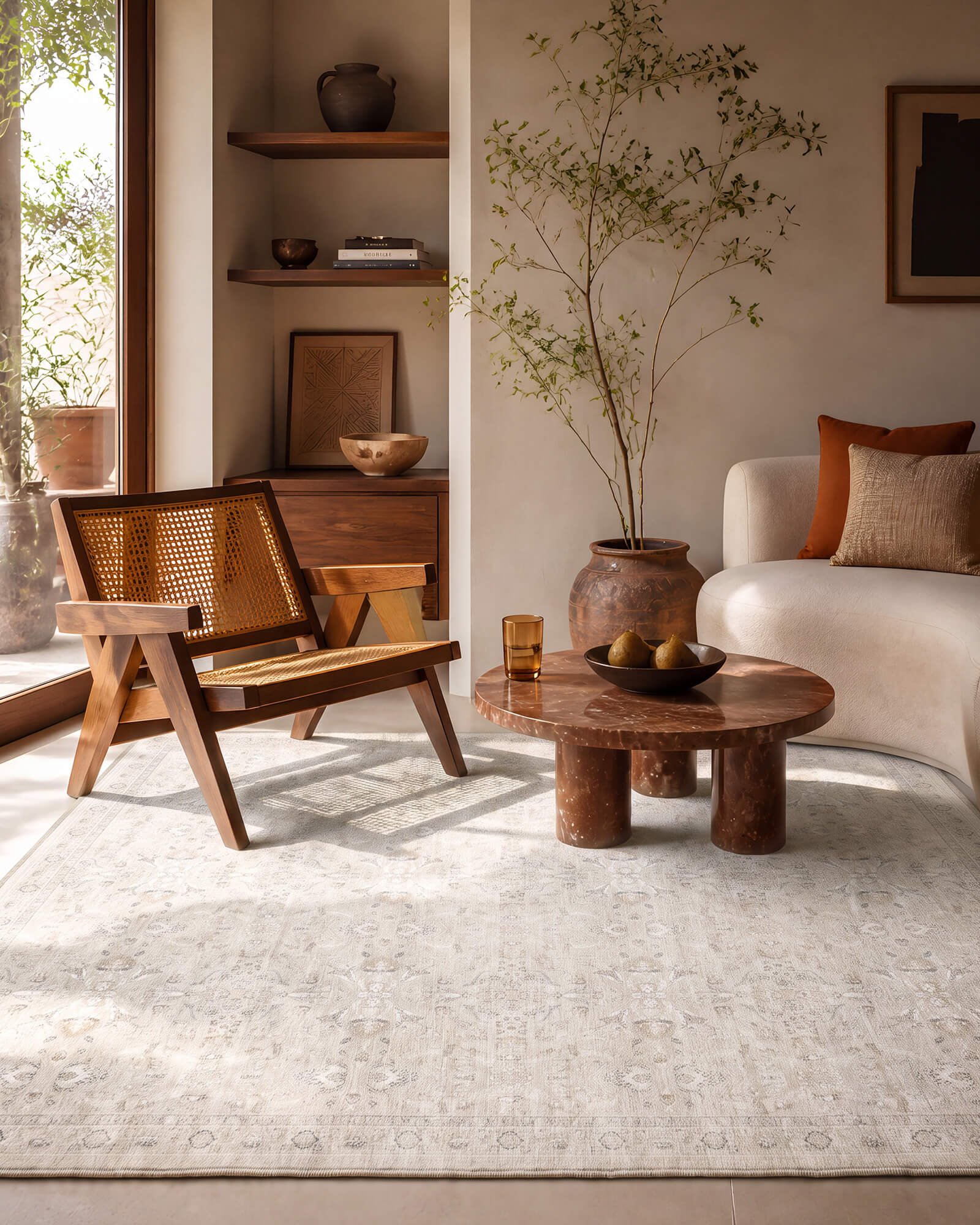 A neutral vintage washable area rug with a soft distressed pattern creates a cozy living room foundation with a cane accent chair, round coffee table, warm wood tones, and natural sunlight.