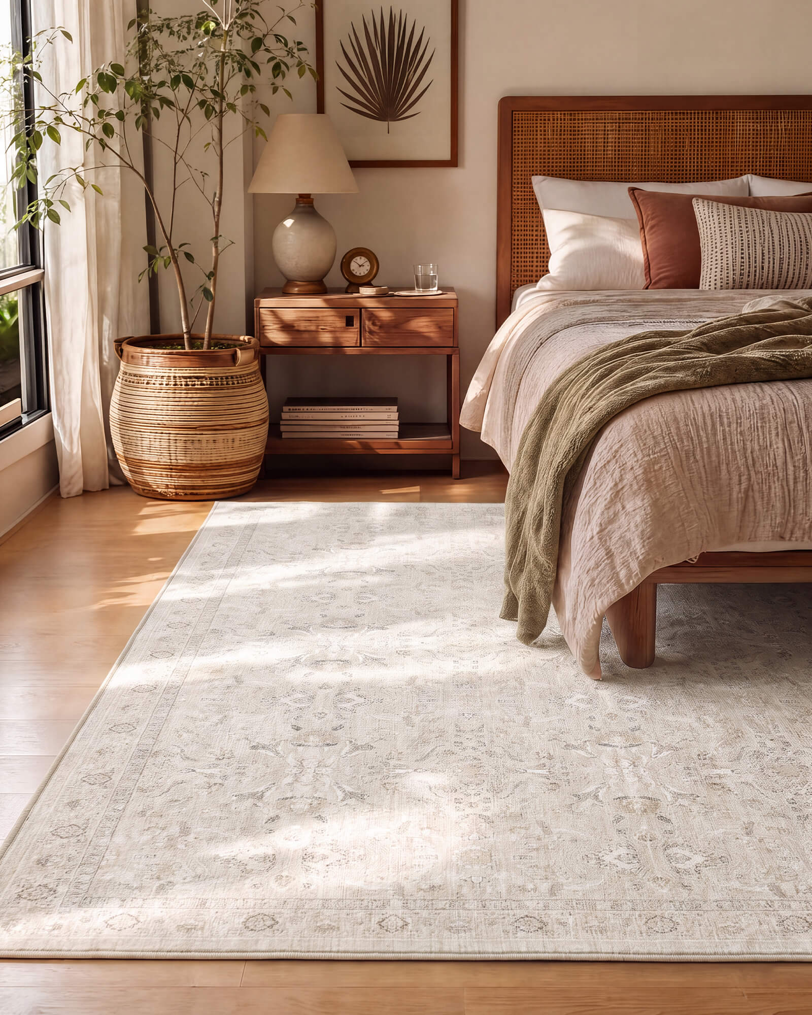 A neutral vintage washable area rug with a soft distressed pattern brings calm comfort to a cozy bedroom with a rattan headboard, wood nightstand, woven basket, and warm natural sunlight.