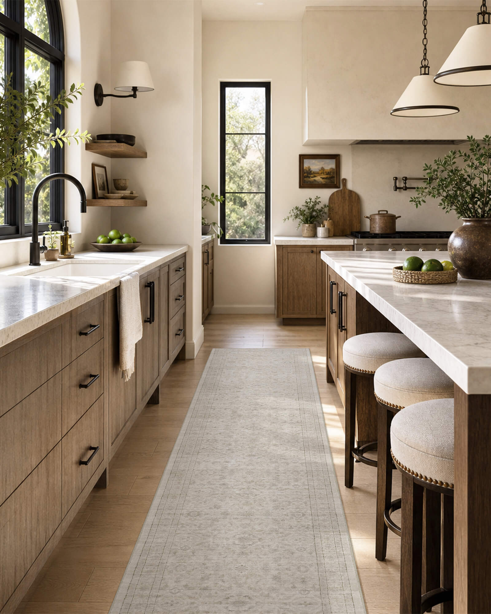 A neutral vintage washable runner rug with a soft distressed border pattern adds easy-care style to a bright kitchen with wood cabinets, marble countertops, bar stools, and warm natural light.