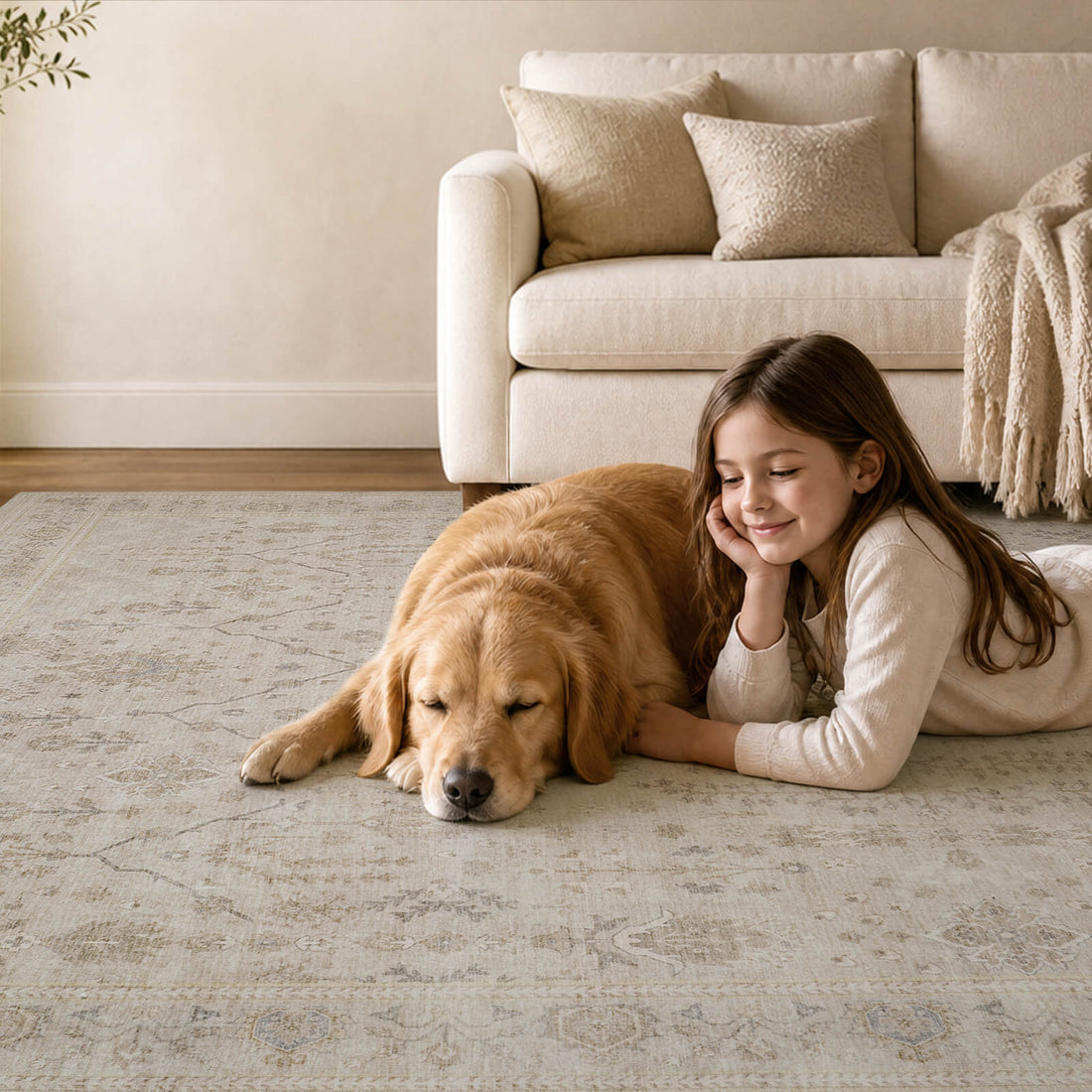 A neutral vintage washable rug with a soft low-pile texture creates a cozy kid and pet friendly living room space for relaxing, playing, and everyday family comfort.