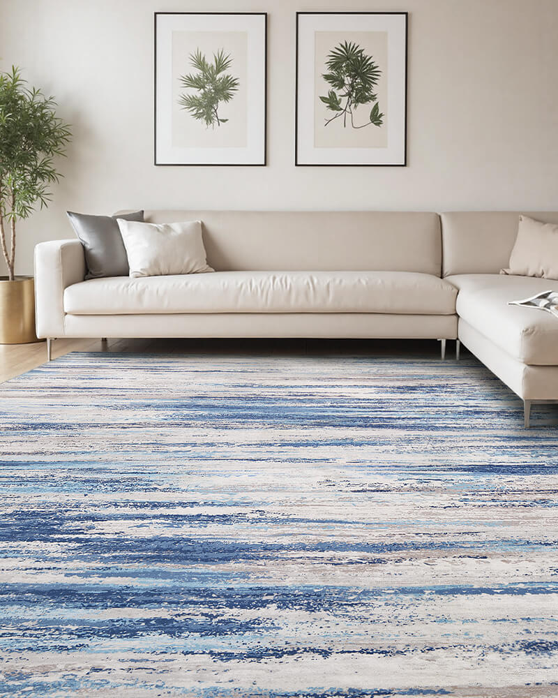 Thin modern area rug that allows smooth doorway clearance with minimal obstruction