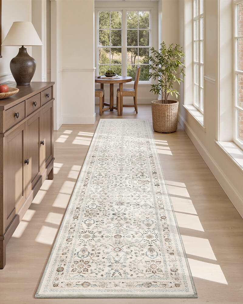 Vintage runner rug designed specifically for high traffic family hallways and daily routines