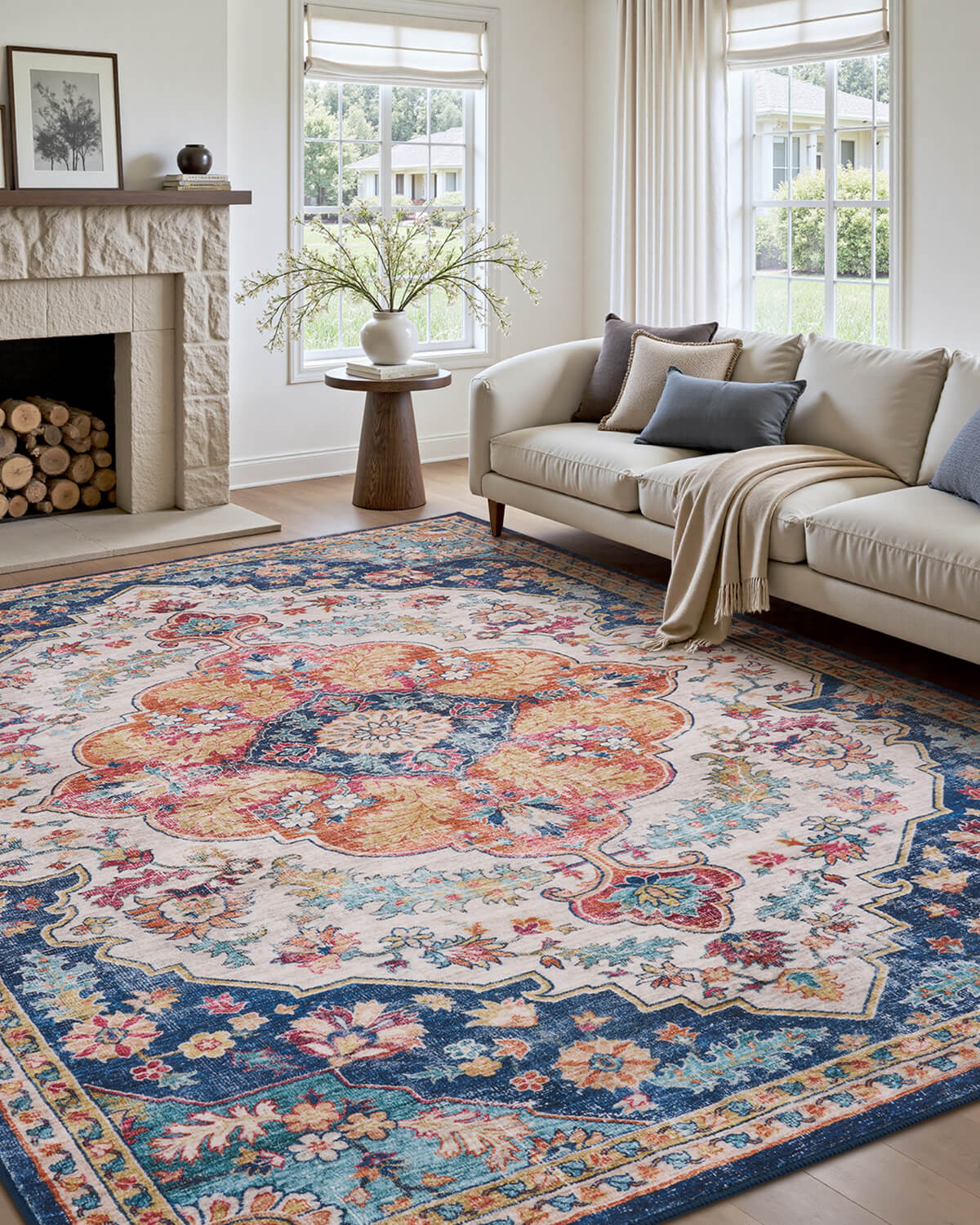 Washable vintage boho rug designed for active living spaces