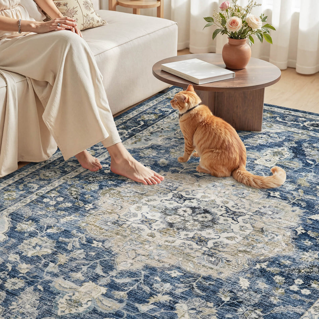 Vintage floral soft area rug offering relaxed everyday comfort