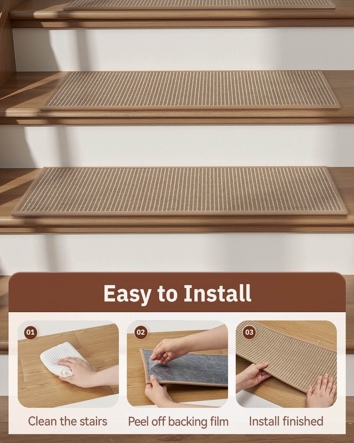 Easy to install stair treads for busy home with pets and kids, durable and machine washable.