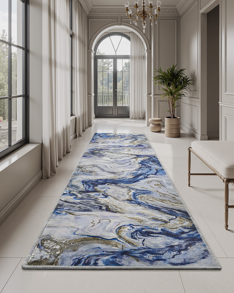 Washable kitchen runner rug with non-slip design and marble-inspired pattern.