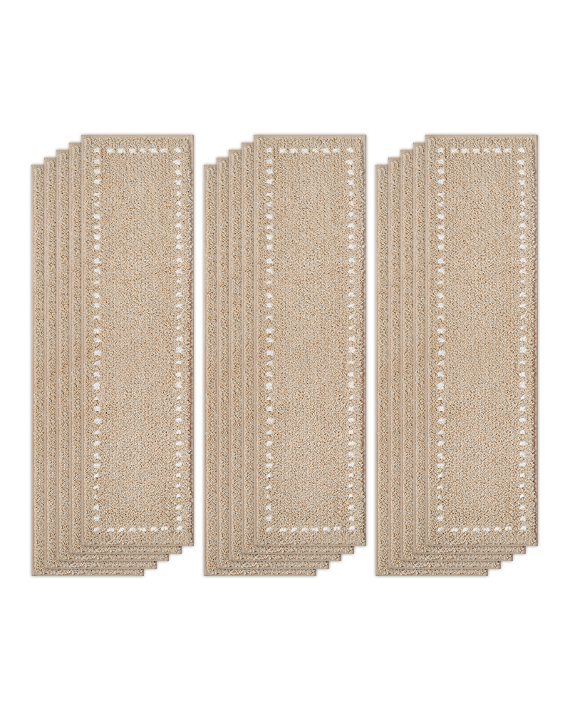 Plush soft stair treads with adhesive backing for secure fit on wooden stairs.