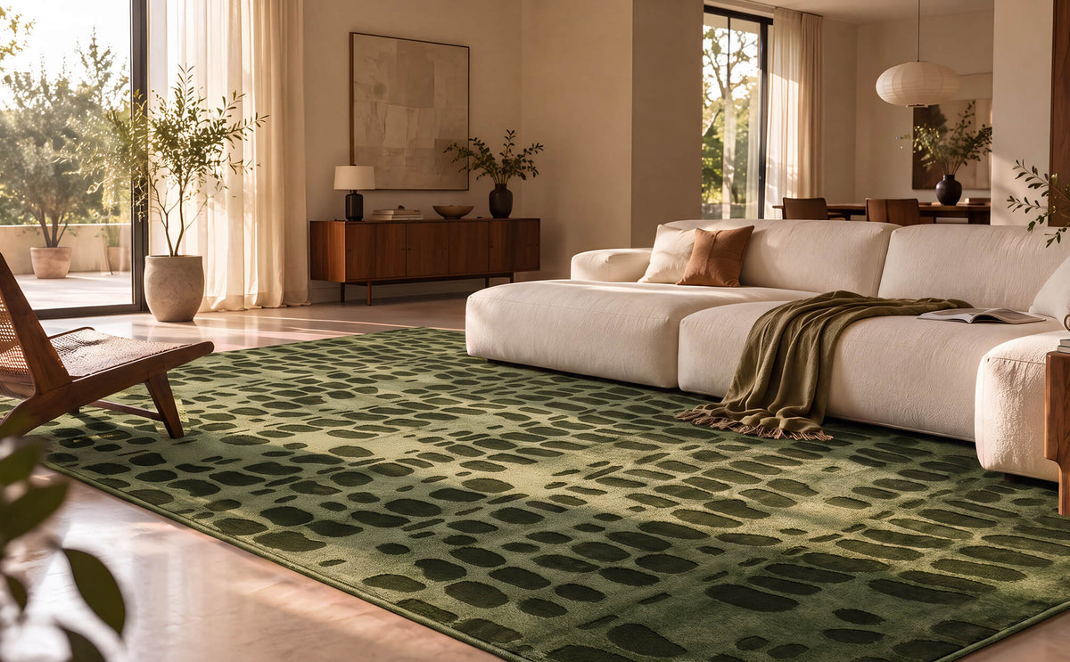 An olive green premium Wilton jacquard area rug with a raised pebble-inspired pattern adds sculptural texture and rich tonal depth to a refined living room with a cream sectional sofa, warm sunlight, and elevated modern decor.