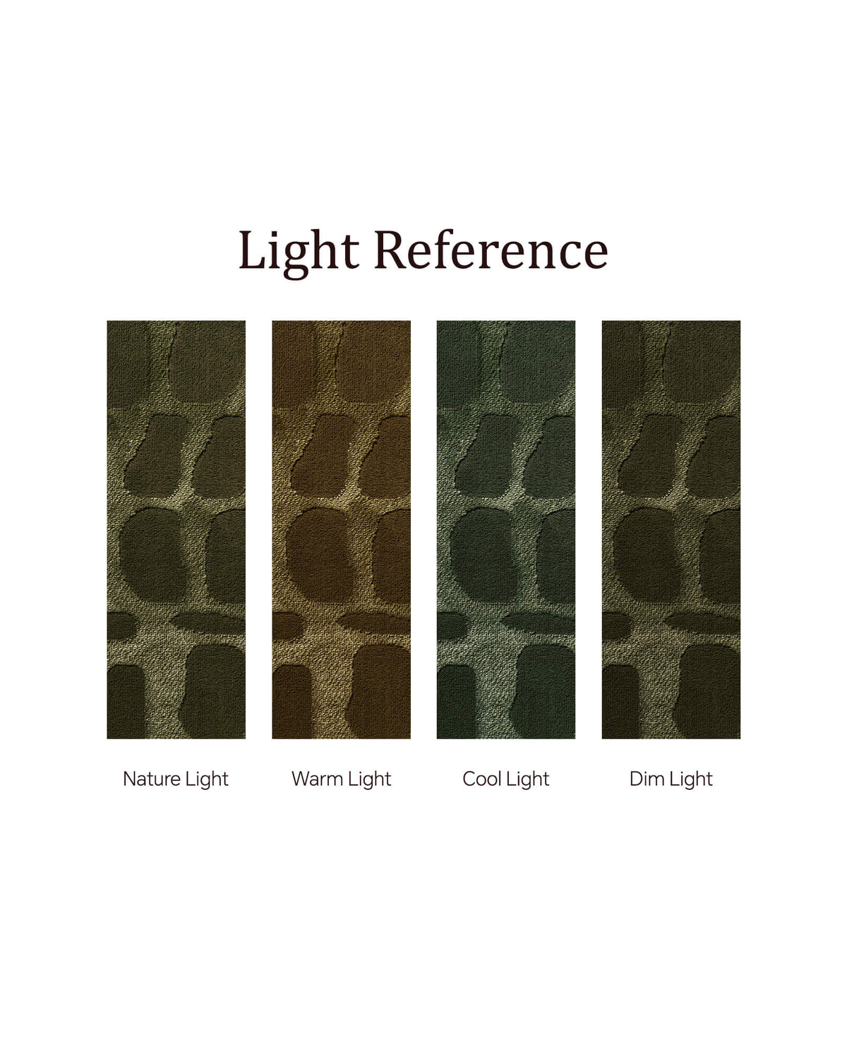 A light reference display for an olive green premium Wilton jacquard rug shows how its raised geometric texture and rich woven tones appear under natural, warm, cool, and dim lighting conditions.