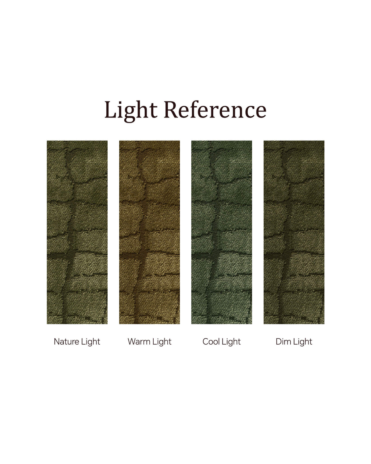 A light reference display for an olive green premium Wilton jacquard rug shows how its raised grid texture and rich tonal depth appear under natural, warm, cool, and dim lighting conditions.