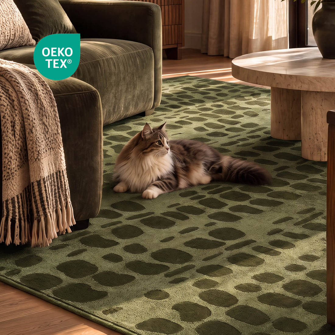 An olive green premium Wilton jacquard rug with OEKO-TEX certification creates a refined cat friendly living room space, featuring raised geometric texture, rich woven depth, and elevated everyday comfort.