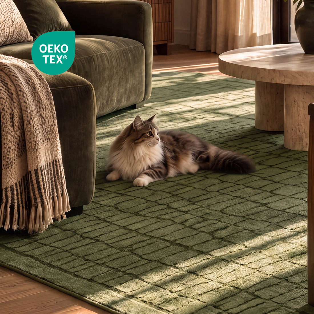 An olive green premium Wilton jacquard rug with OEKO-TEX certification creates a refined cat friendly living room space, featuring raised grid texture, rich tonal depth, and elevated comfort for luxury everyday living.