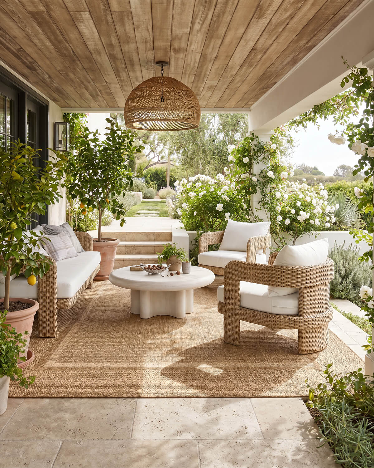 This outdoor rug adds a warm and grounded foundation to a covered patio with a durable easy-clean surface that suits relaxed everyday outdoor living.