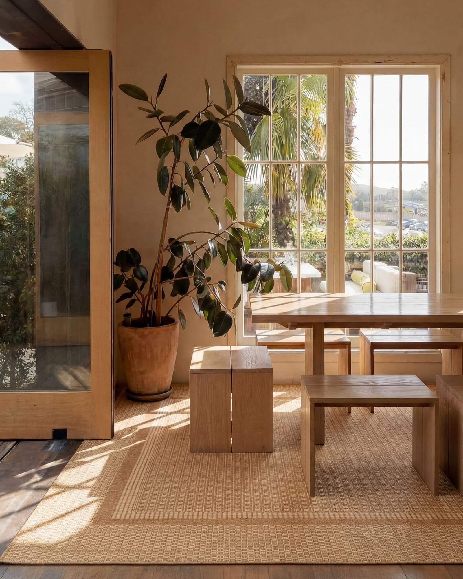 This outdoor rug adds a warm and grounded foundation to a dining space with a durable easy-clean surface that suits relaxed everyday indoor outdoor living.