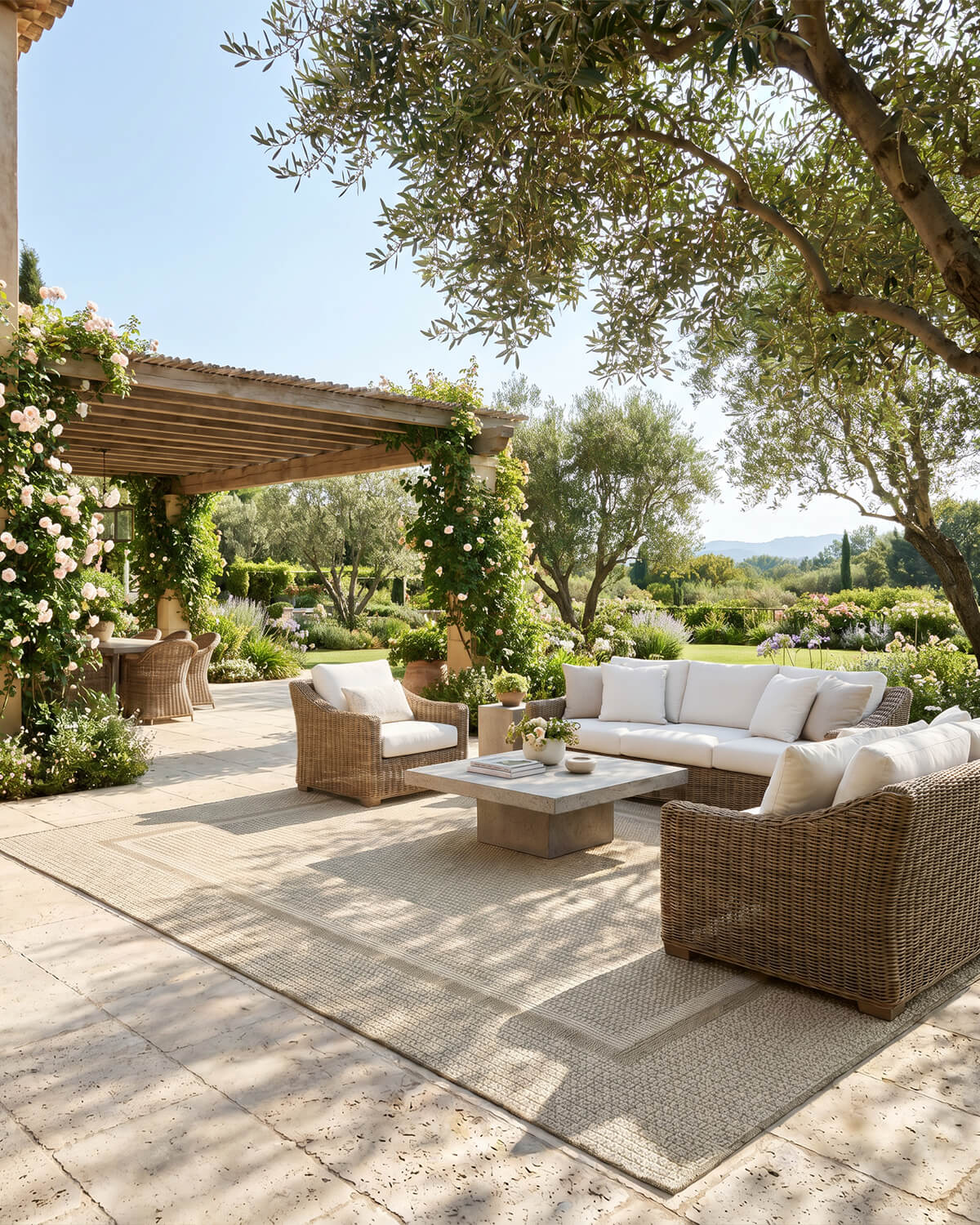 This outdoor rug adds a warm and inviting foundation to a patio seating space with a durable easy-clean surface made for relaxed everyday outdoor living.