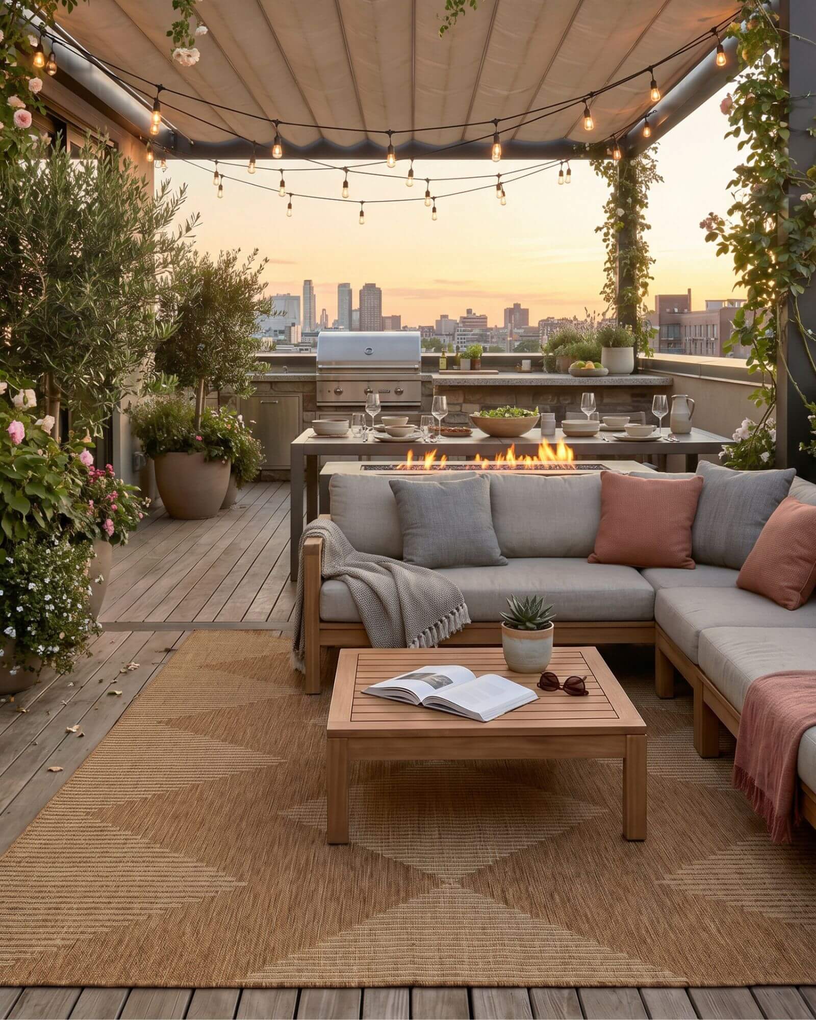This outdoor rug adds a warm and inviting foundation to a rooftop patio with a durable easy-clean surface designed for relaxed everyday outdoor living.
