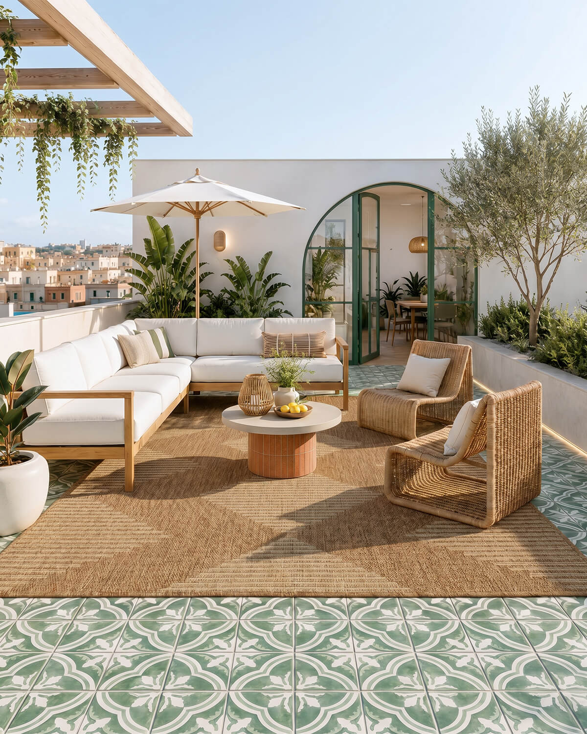 This outdoor rug adds a warm and welcoming foundation to a rooftop patio lounge with a durable easy-clean surface designed for relaxed everyday outdoor living.