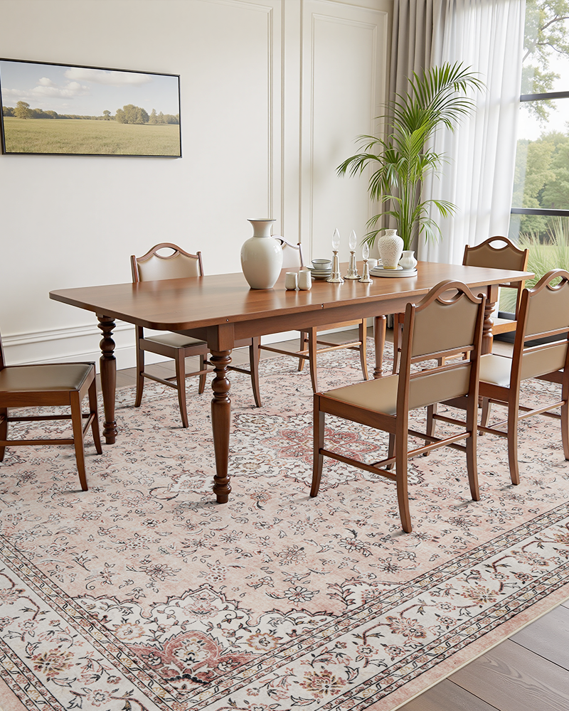 Pet and kid friendly boho area rug that is easy to maintain and practical for daily home use