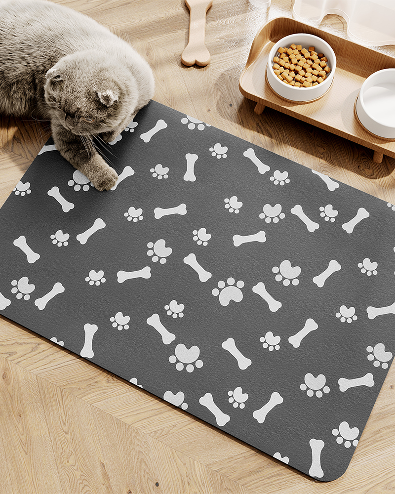 Pet feeding mat with quick dry surface that keeps floors clean and paws dry