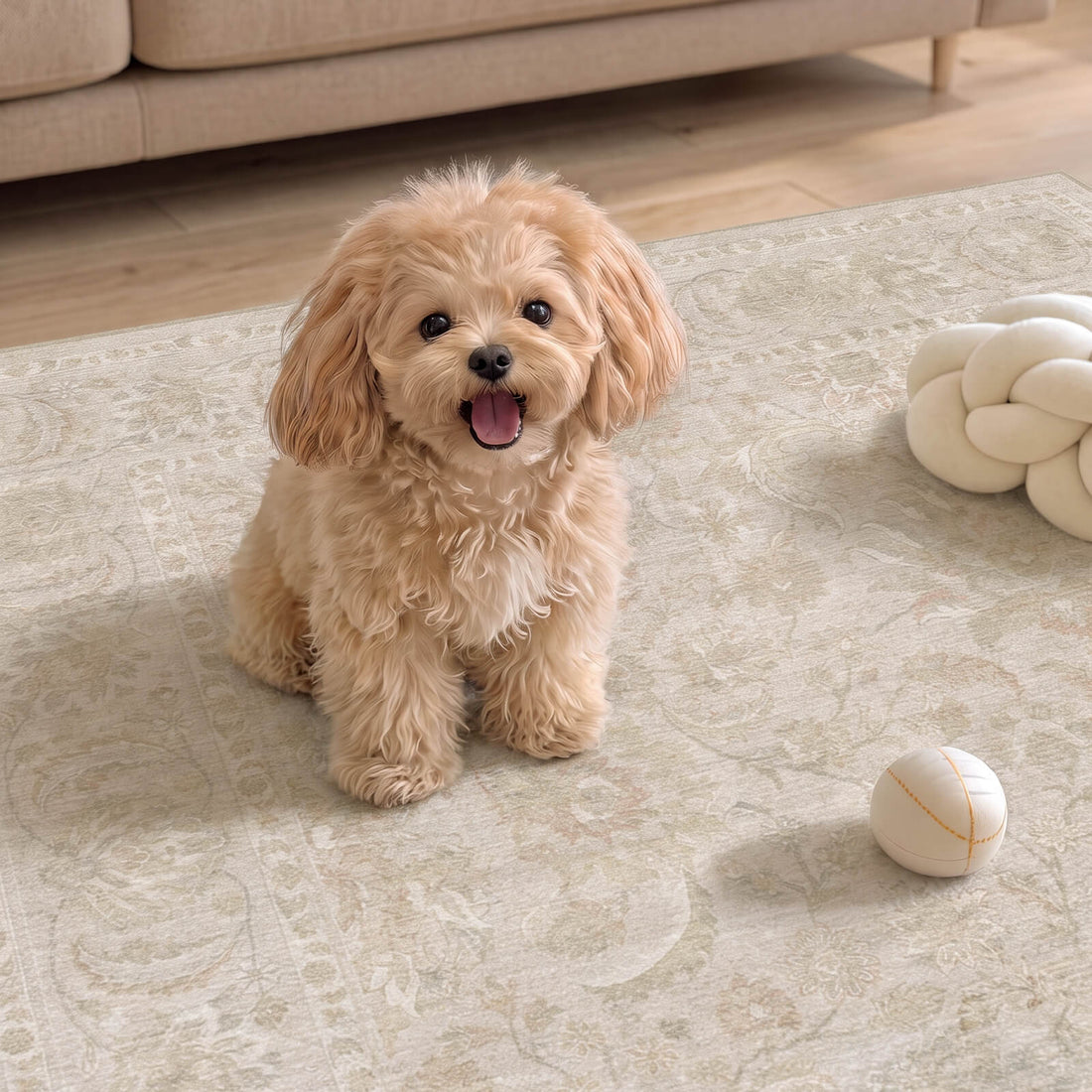 A pet friendly ivory beige vintage washable area rug creates a soft, cozy space for a small dog, featuring a subtle ornamental pattern, low-pile texture, and easy-care style for everyday family rooms.