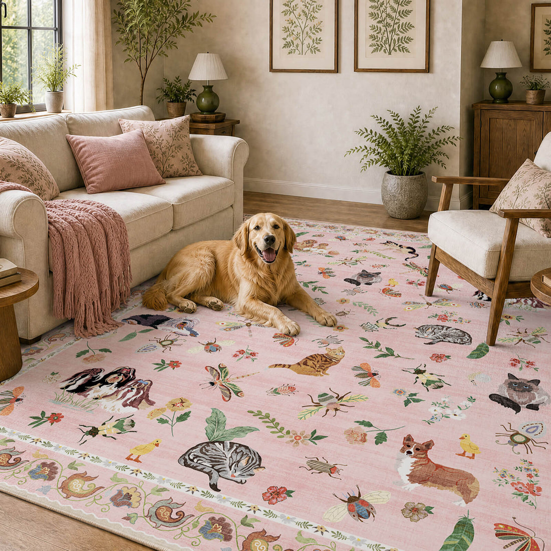 A pink soft kids area rug with cute animal and floral patterns creates a cheerful dog friendly living room space, offering gentle comfort, playful style, and a cozy surface for children’s playrooms, bedrooms, and family areas.