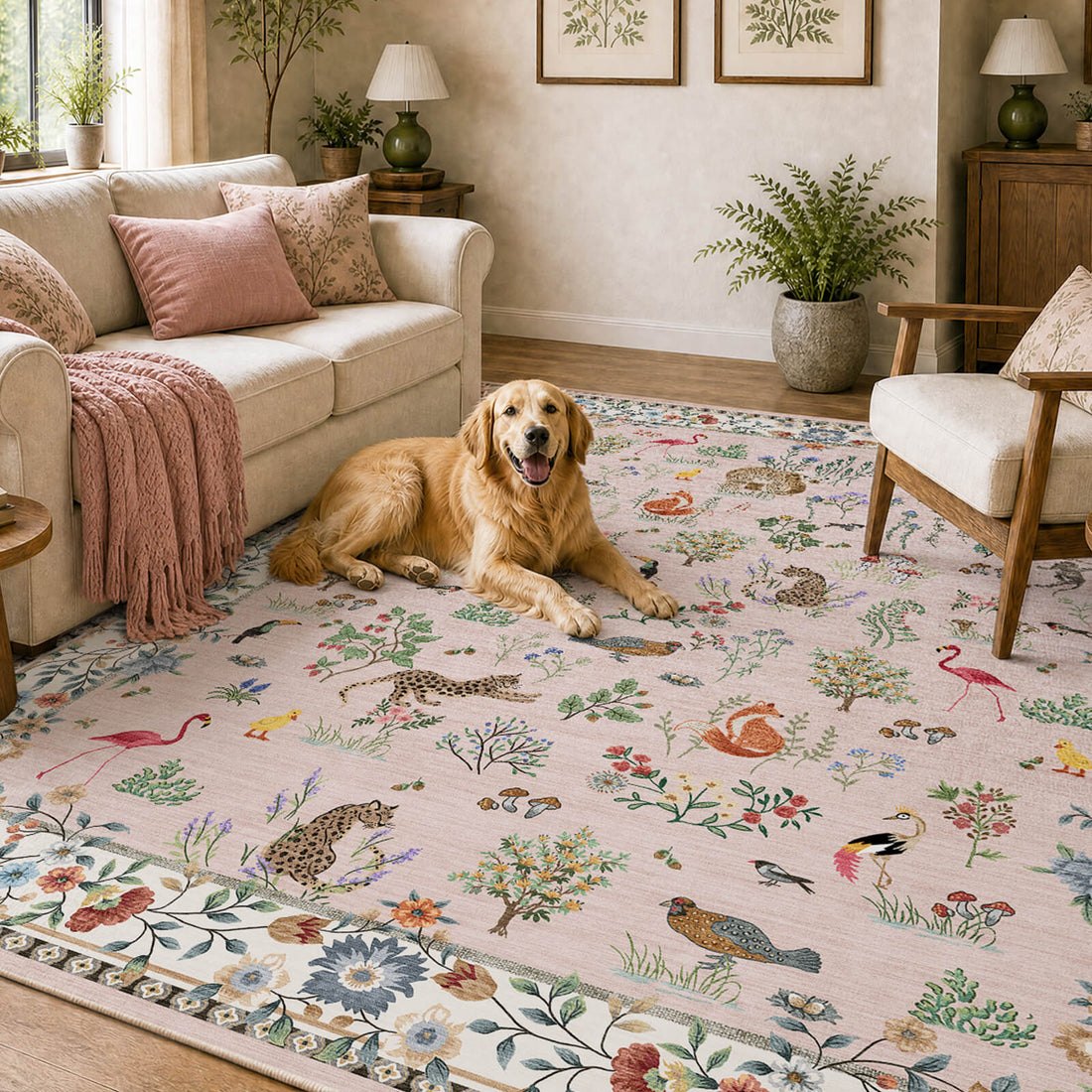 A pink soft kids area rug with cute forest animals, birds, mushrooms, and floral patterns creates a cheerful dog friendly living room space with gentle comfort, playful style, and cozy child-friendly decor.