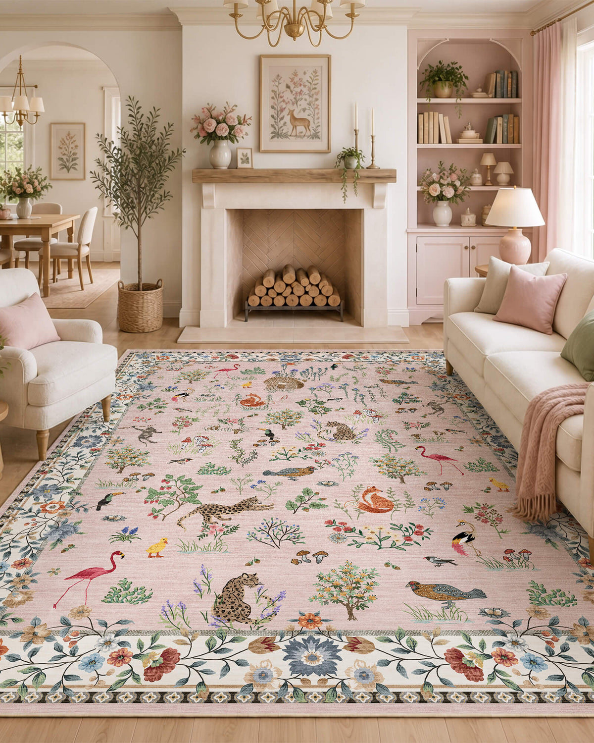 A pink soft kids area rug with cute forest animals, birds, flamingos, mushrooms, and floral border details adds gentle comfort and playful charm to a cozy fireplace living room with pastel child-friendly decor.