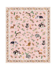 A pink soft kids area rug features cute animal, floral, butterfly, and garden-inspired illustrations with a sweet decorative border, creating a cozy and playful surface for nurseries, playrooms, and children’s bedrooms.