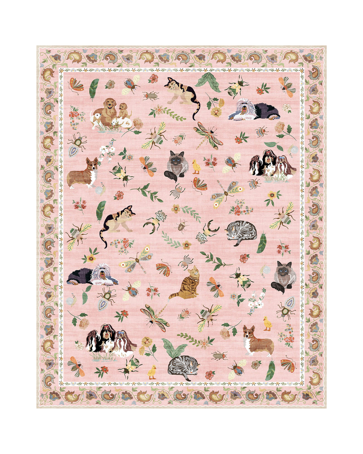 A pink soft kids area rug features cute animal, floral, butterfly, and garden-inspired illustrations with a sweet decorative border, creating a cozy and playful surface for nurseries, playrooms, and children’s bedrooms.