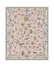 A pink soft kids area rug features cute forest animals, flamingos, birds, flowers, mushrooms, and a decorative floral border, creating a cozy and playful surface for nurseries, playrooms, and children’s bedrooms.